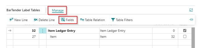 BarTender Labels Tables > Manage > Fields