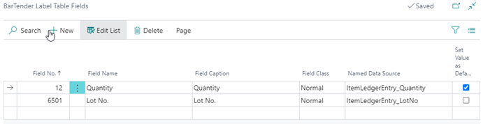 BarTender Labels Tables > Manage > Fields